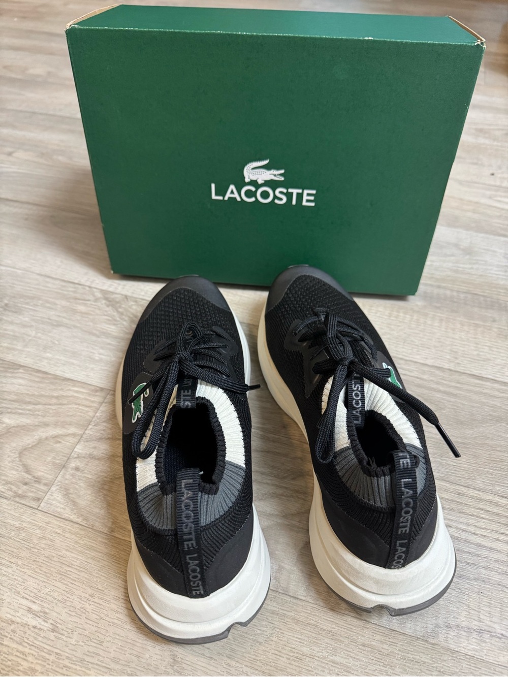 Lacoste Kids Black, White & Green Knit Slip-On Sneakers